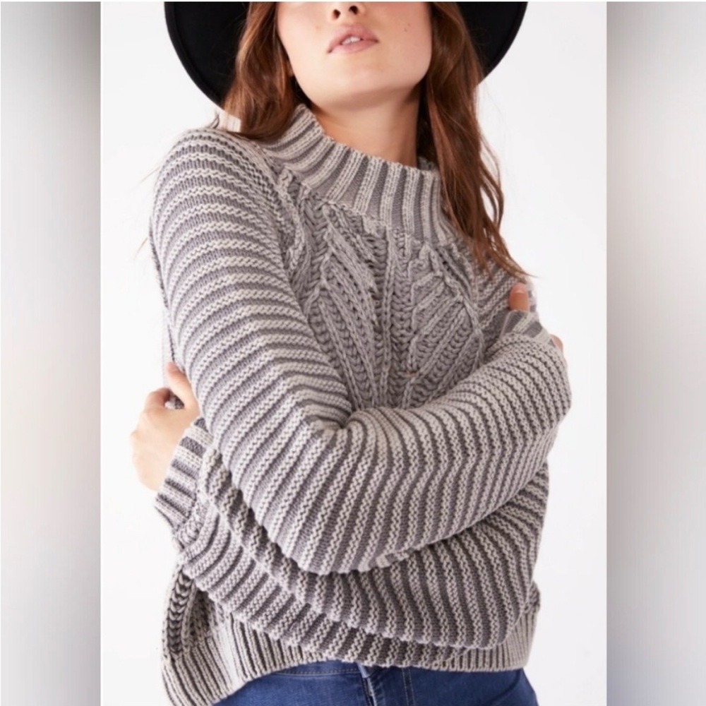 Free People Sz L Sweetheart Mock Neck Chunky Ribbed Knit Sweater Cotton Gray 🩶